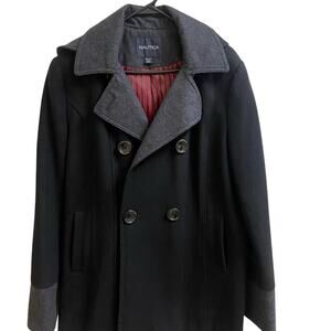 Nautica Wool Winter Peacoat Black Gray Trim Double Breasted Jacket Unisex M